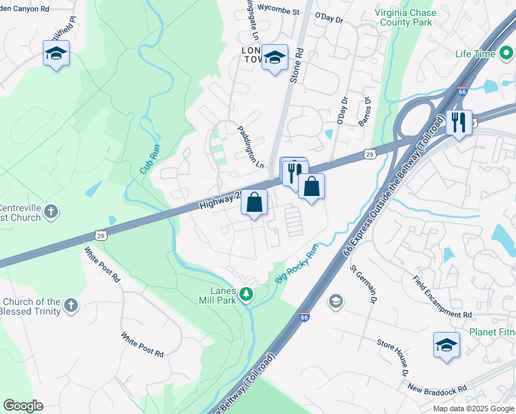 map of restaurants, bars, coffee shops, grocery stores, and more near 6324 James Harris Way in Centreville