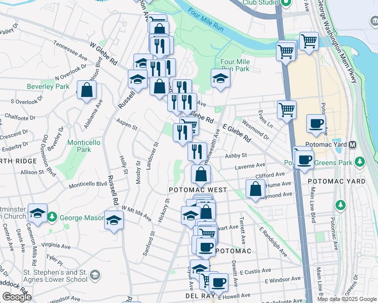 map of restaurants, bars, coffee shops, grocery stores, and more near 3110 Mount Vernon Avenue in Alexandria