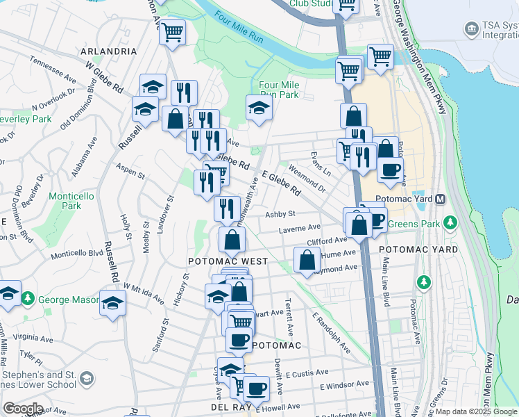 map of restaurants, bars, coffee shops, grocery stores, and more near 4 Ashby Street in Alexandria