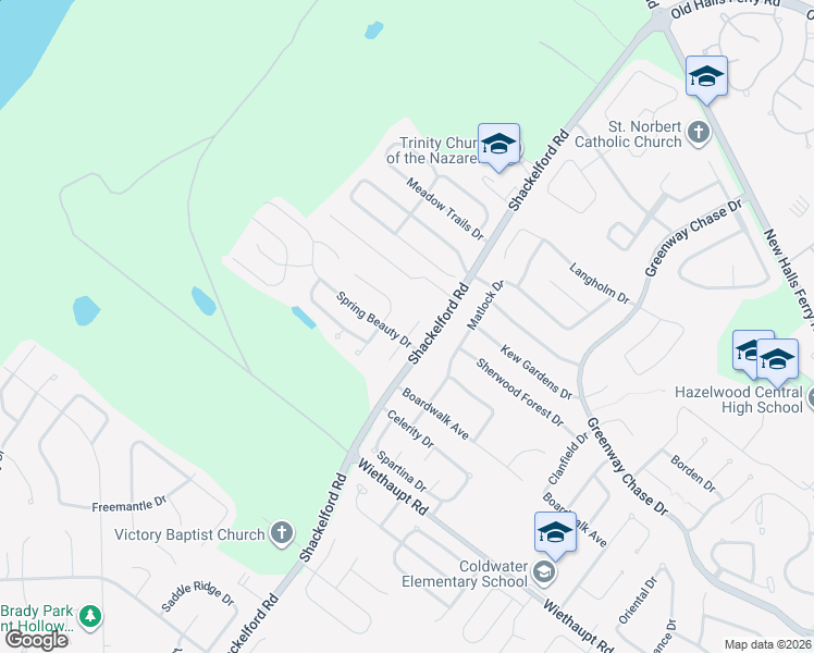 map of restaurants, bars, coffee shops, grocery stores, and more near 3000 Wood Poppy Drive in Florissant