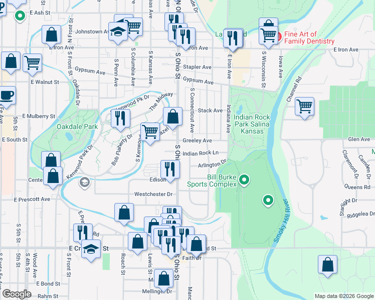 map of restaurants, bars, coffee shops, grocery stores, and more near 1201-1209 Indian Rock Lane in Salina