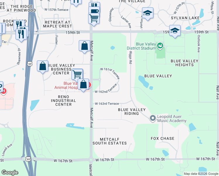 map of restaurants, bars, coffee shops, grocery stores, and more near 6920 West 162nd Terrace in Overland Park