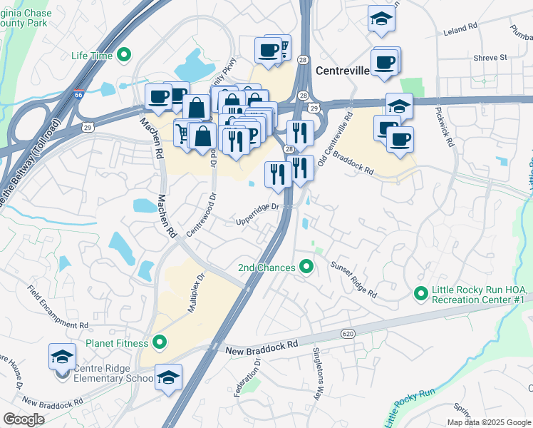 map of restaurants, bars, coffee shops, grocery stores, and more near 14097 Keepers Park in Centreville