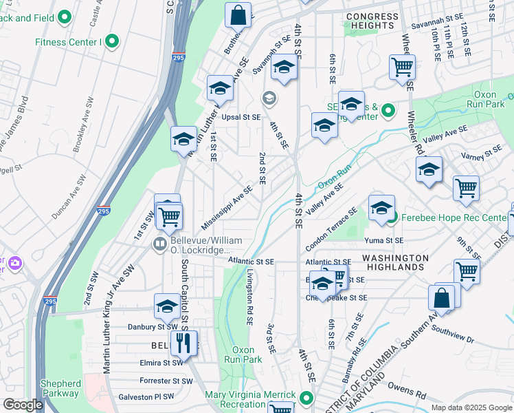 map of restaurants, bars, coffee shops, grocery stores, and more near 3831 2nd Street Southeast in Washington