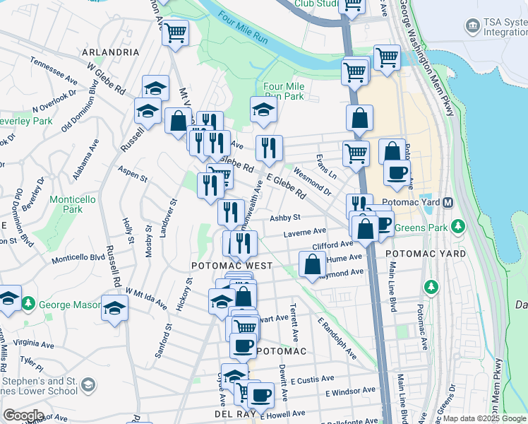map of restaurants, bars, coffee shops, grocery stores, and more near 2 Auburn Court in Alexandria
