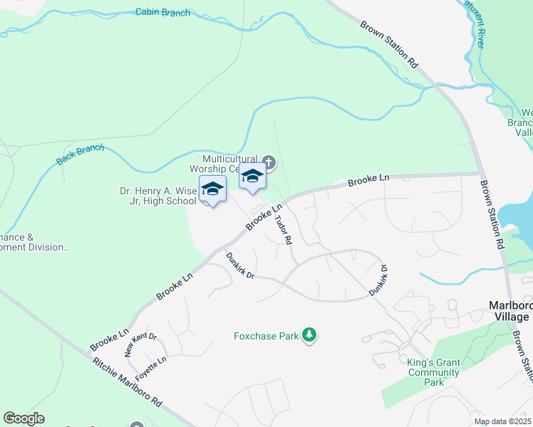map of restaurants, bars, coffee shops, grocery stores, and more near Brooke Lane in Upper Marlboro