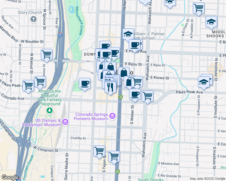 map of restaurants, bars, coffee shops, grocery stores, and more near 115 East Pikes Peak Avenue in Colorado Springs