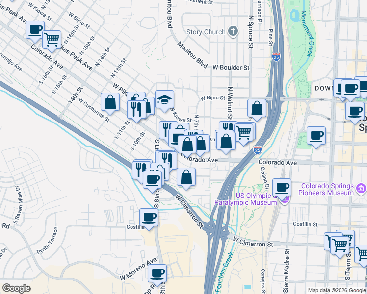 map of restaurants, bars, coffee shops, grocery stores, and more near 716 Colorado Avenue in Colorado Springs