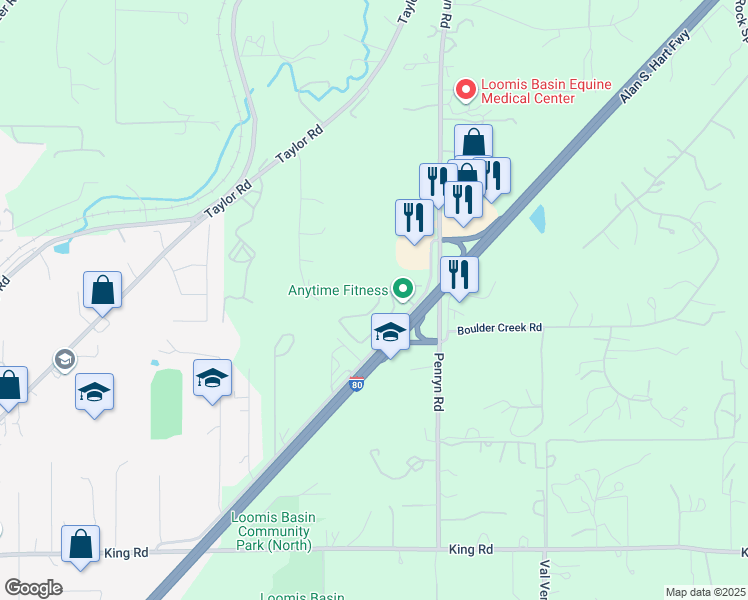 map of restaurants, bars, coffee shops, grocery stores, and more near 7108 Orchard Circle in Penryn