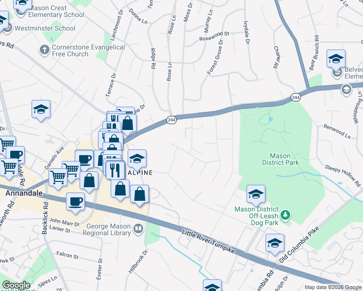 map of restaurants, bars, coffee shops, grocery stores, and more near 6906 Northfield Drive in Annandale