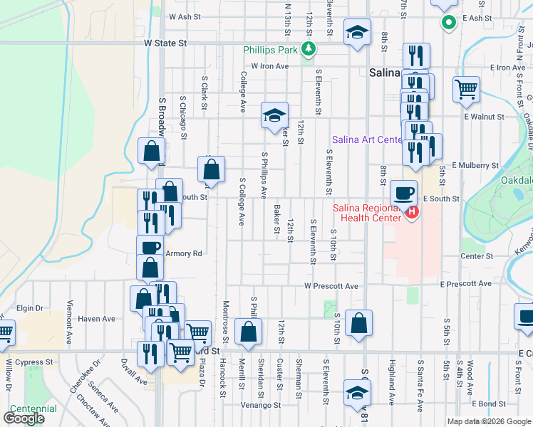 map of restaurants, bars, coffee shops, grocery stores, and more near 419 South Phillips Avenue in Salina