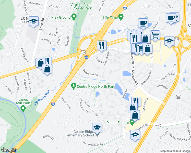 map of restaurants, bars, coffee shops, grocery stores, and more near 14481 Golden Oak Road in Centreville