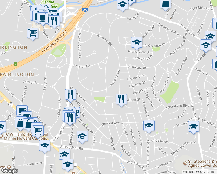 map of restaurants, bars, coffee shops, grocery stores, and more near 3211 Valley Drive in Alexandria