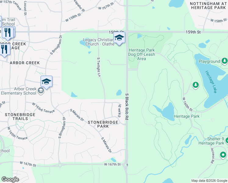 map of restaurants, bars, coffee shops, grocery stores, and more near 15212 West 163rd Terrace in Olathe