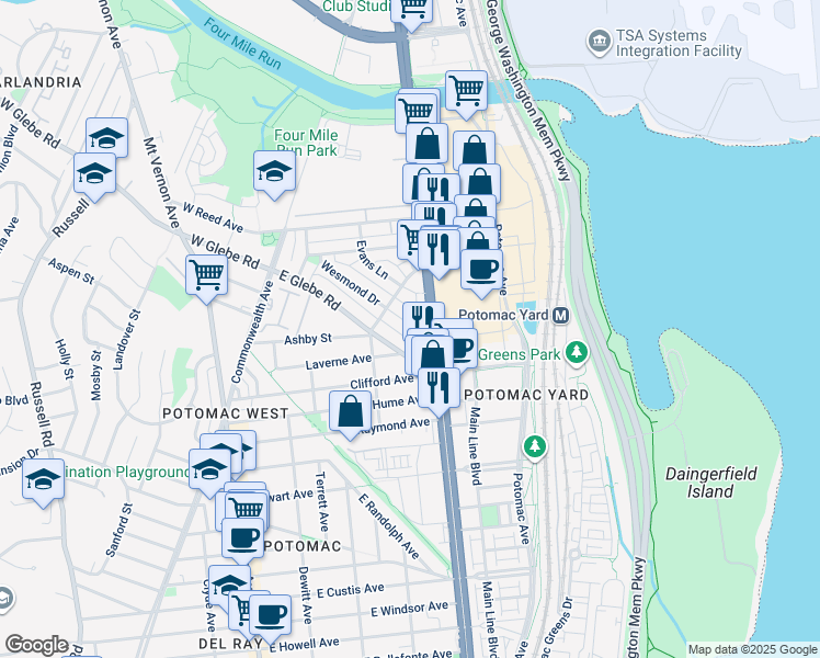 map of restaurants, bars, coffee shops, grocery stores, and more near 337 Wesmond Drive in Alexandria