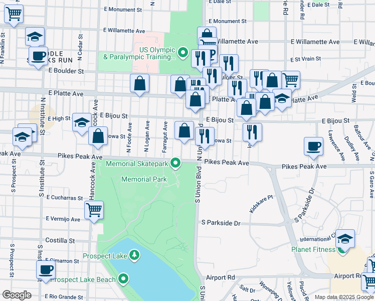 map of restaurants, bars, coffee shops, grocery stores, and more near 11 North Meade Avenue in Colorado Springs