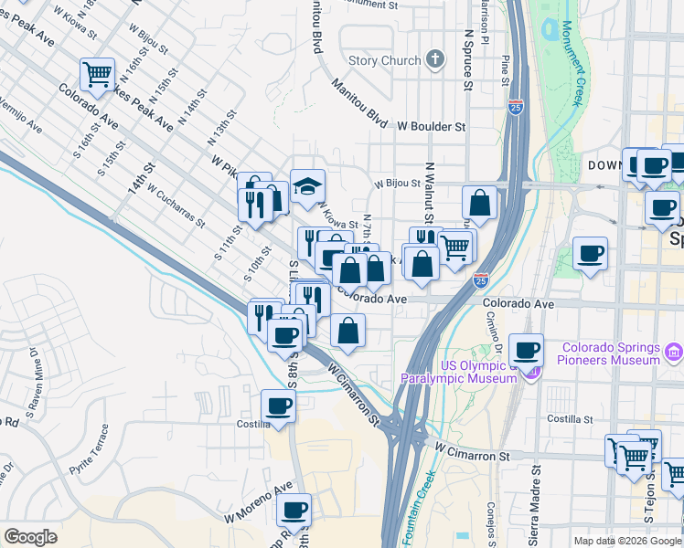 map of restaurants, bars, coffee shops, grocery stores, and more near 716 Colorado Avenue in Colorado Springs