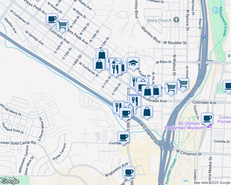 map of restaurants, bars, coffee shops, grocery stores, and more near 925 West Cucharras Street in Colorado Springs