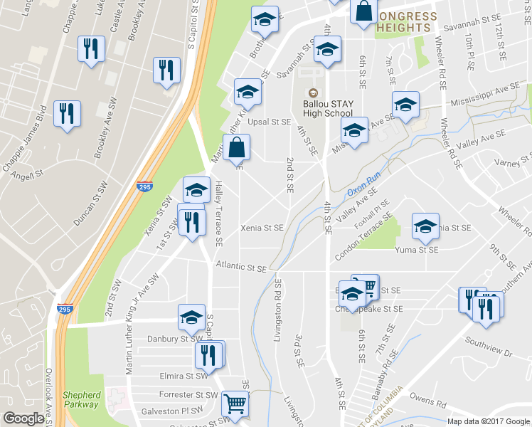 map of restaurants, bars, coffee shops, grocery stores, and more near 137 Mississippi Avenue Southeast in Washington