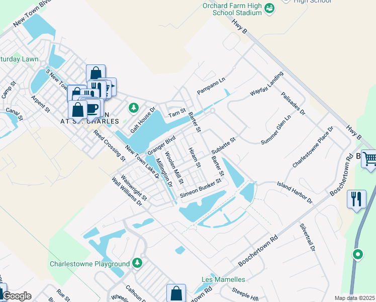map of restaurants, bars, coffee shops, grocery stores, and more near 3455 Hiram Street in Saint Charles