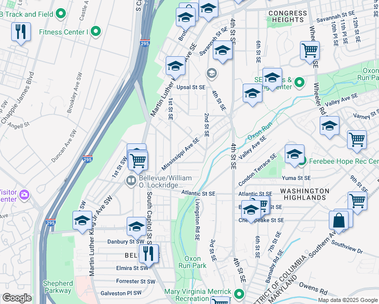 map of restaurants, bars, coffee shops, grocery stores, and more near 137 Mississippi Avenue Southeast in Washington