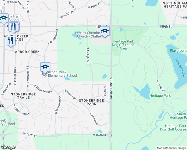 map of restaurants, bars, coffee shops, grocery stores, and more near 15368 West 163rd Terrace in Olathe
