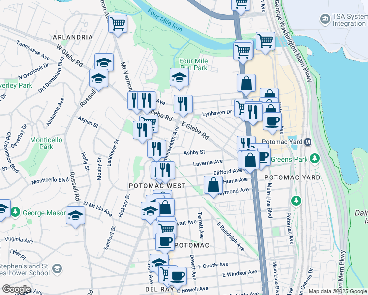 map of restaurants, bars, coffee shops, grocery stores, and more near 17 Auburn Court in Alexandria