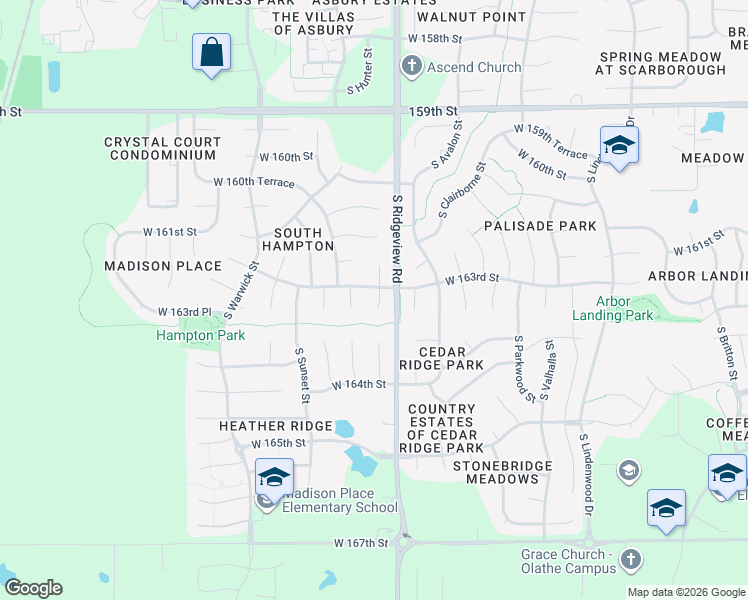 map of restaurants, bars, coffee shops, grocery stores, and more near 16326 South Hunter Street in Olathe