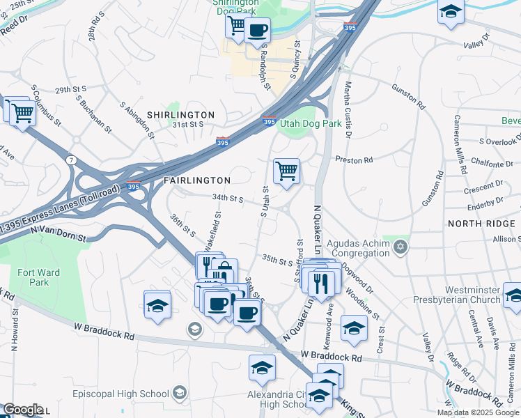 map of restaurants, bars, coffee shops, grocery stores, and more near 4416 34th Street South in Arlington