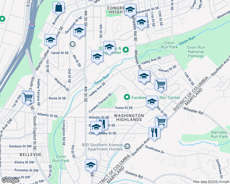 map of restaurants, bars, coffee shops, grocery stores, and more near 601 Condon Terrace Southeast in Washington
