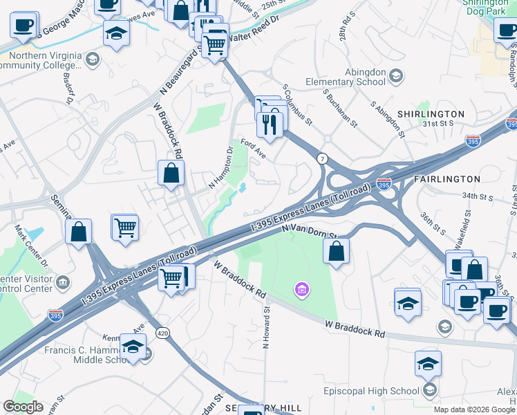 map of restaurants, bars, coffee shops, grocery stores, and more near 2801 Park Center Drive in Alexandria