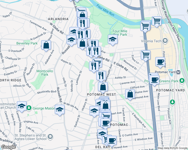 map of restaurants, bars, coffee shops, grocery stores, and more near 3110 Mount Vernon Avenue in Alexandria