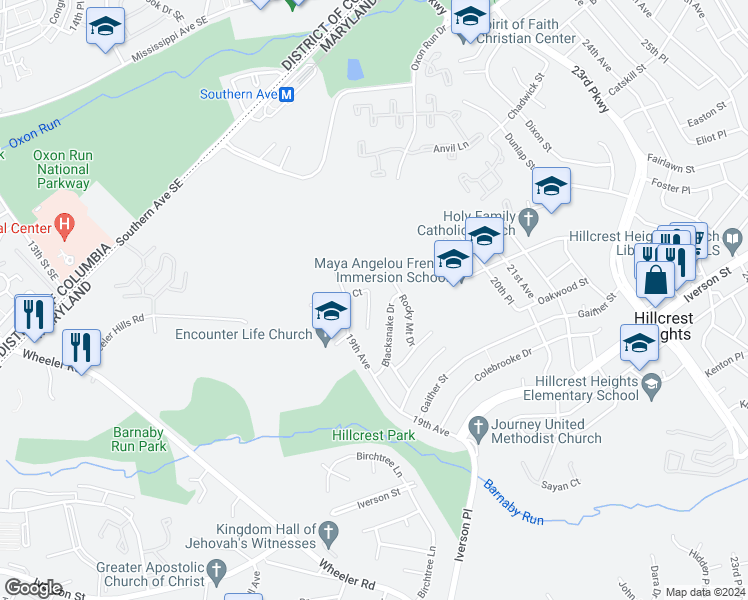 map of restaurants, bars, coffee shops, grocery stores, and more near 4114 Carozza Court in Temple Hills