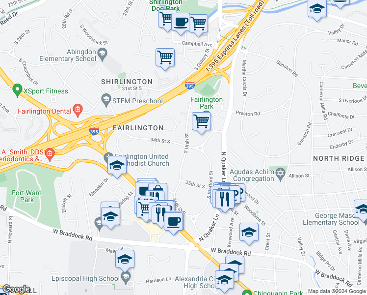 map of restaurants, bars, coffee shops, grocery stores, and more near 4416 34th Street South in Arlington