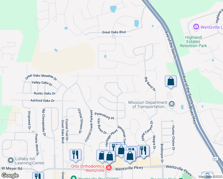 map of restaurants, bars, coffee shops, grocery stores, and more near 810 Railway Cir in Wentzville