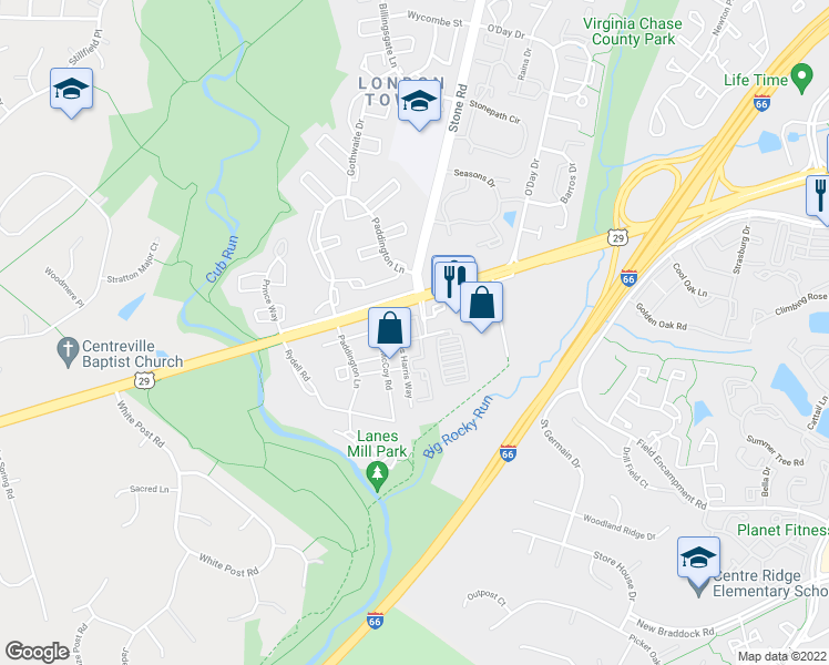 map of restaurants, bars, coffee shops, grocery stores, and more near 14702 Bonnet Terrace in Centreville