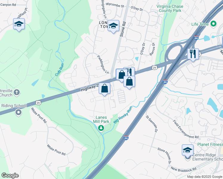 map of restaurants, bars, coffee shops, grocery stores, and more near 14700 Bonnet Terrace in Centreville