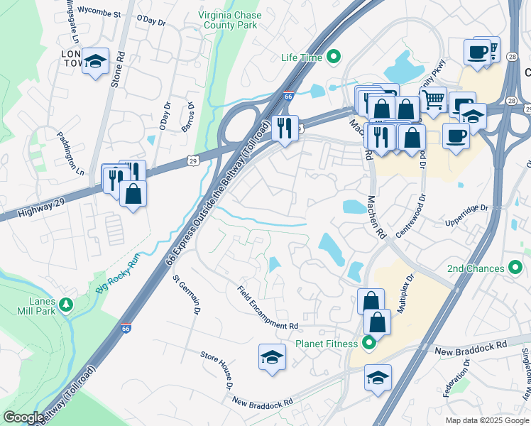 map of restaurants, bars, coffee shops, grocery stores, and more near 14487 Golden Oak Road in Centreville