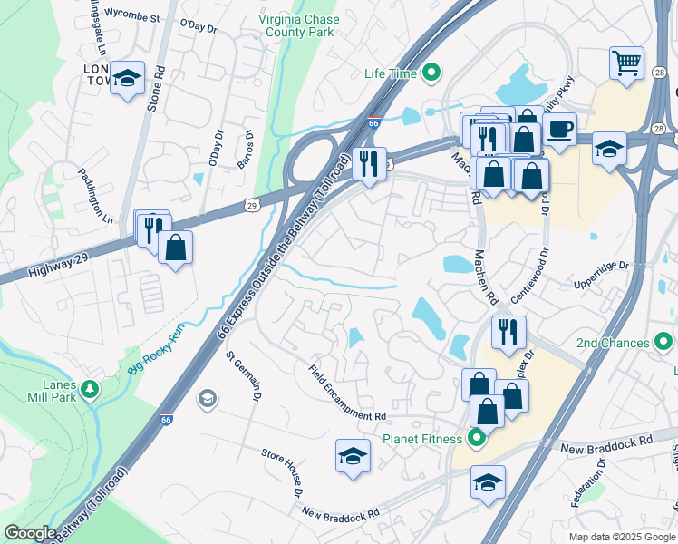 map of restaurants, bars, coffee shops, grocery stores, and more near 14497 Golden Oak Road in Centreville