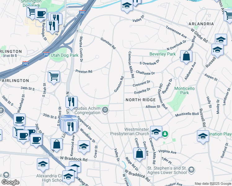 map of restaurants, bars, coffee shops, grocery stores, and more near 3235 Gunston Road in Alexandria