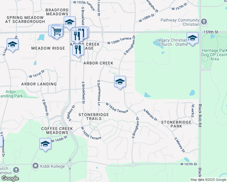 map of restaurants, bars, coffee shops, grocery stores, and more near 16150 South Brougham Drive in Olathe