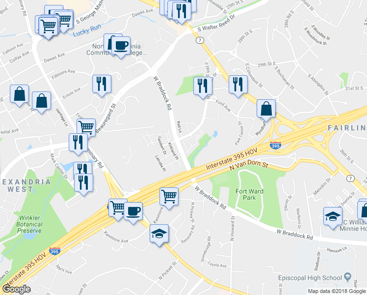 map of restaurants, bars, coffee shops, grocery stores, and more near 4632 Knight Place in Alexandria
