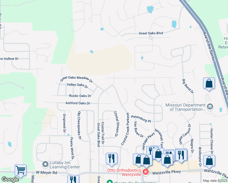 map of restaurants, bars, coffee shops, grocery stores, and more near 1159 Crystal Creek Parkway in Wentzville