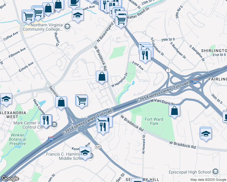 map of restaurants, bars, coffee shops, grocery stores, and more near 4632 Knight Place in Alexandria