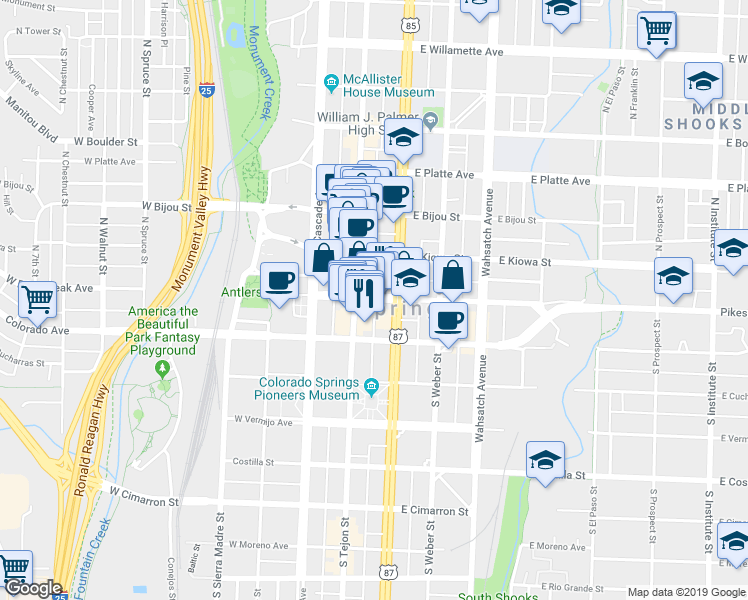 map of restaurants, bars, coffee shops, grocery stores, and more near 115 East Pikes Peak Avenue in Colorado Springs