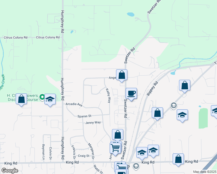 map of restaurants, bars, coffee shops, grocery stores, and more near 3167 Kathy Way in Loomis