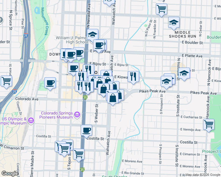 map of restaurants, bars, coffee shops, grocery stores, and more near 1 North Wahsatch Avenue in Colorado Springs