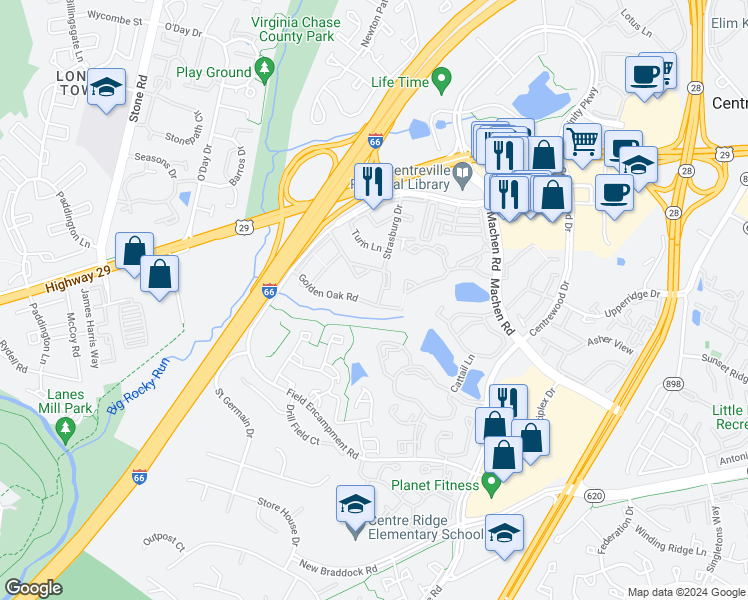 map of restaurants, bars, coffee shops, grocery stores, and more near 6180 Strasburg Drive in Centreville