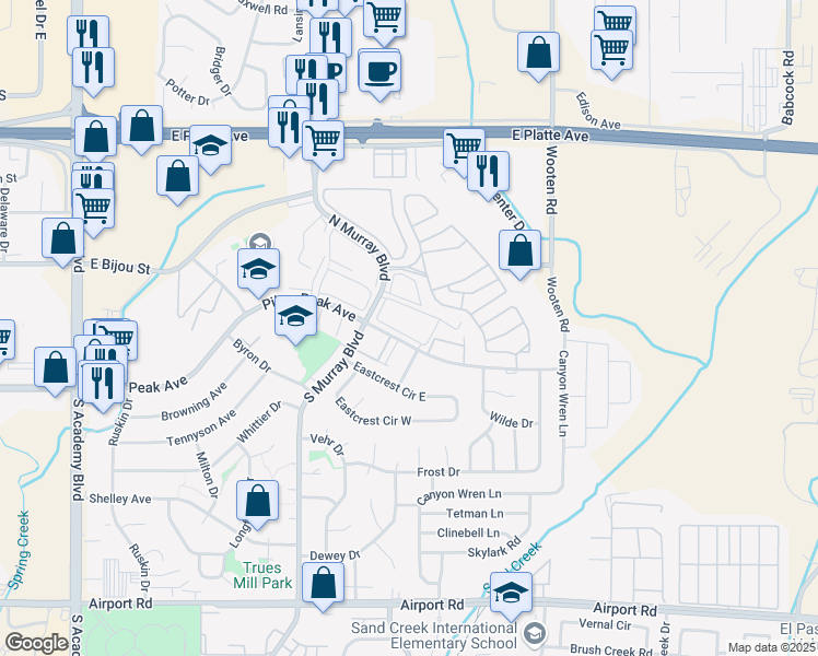 map of restaurants, bars, coffee shops, grocery stores, and more near 4467 East Pikes Peak Avenue in Colorado Springs