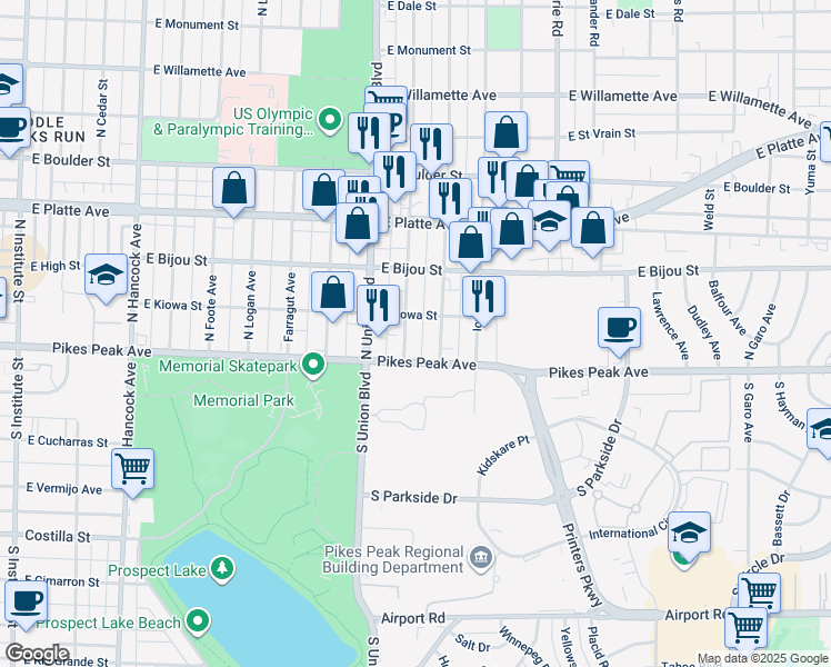 map of restaurants, bars, coffee shops, grocery stores, and more near 17 Bonfoy Avenue in Colorado Springs